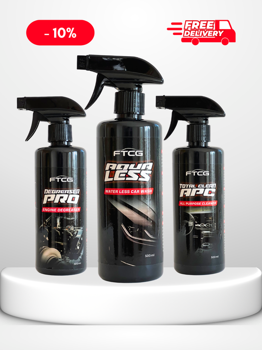 Waterless Trio bundle – Aqua Less, Degreaser Pro, and Total Clean APC bottles on clean background representing complete waterless car cleaning and engine detailing kit