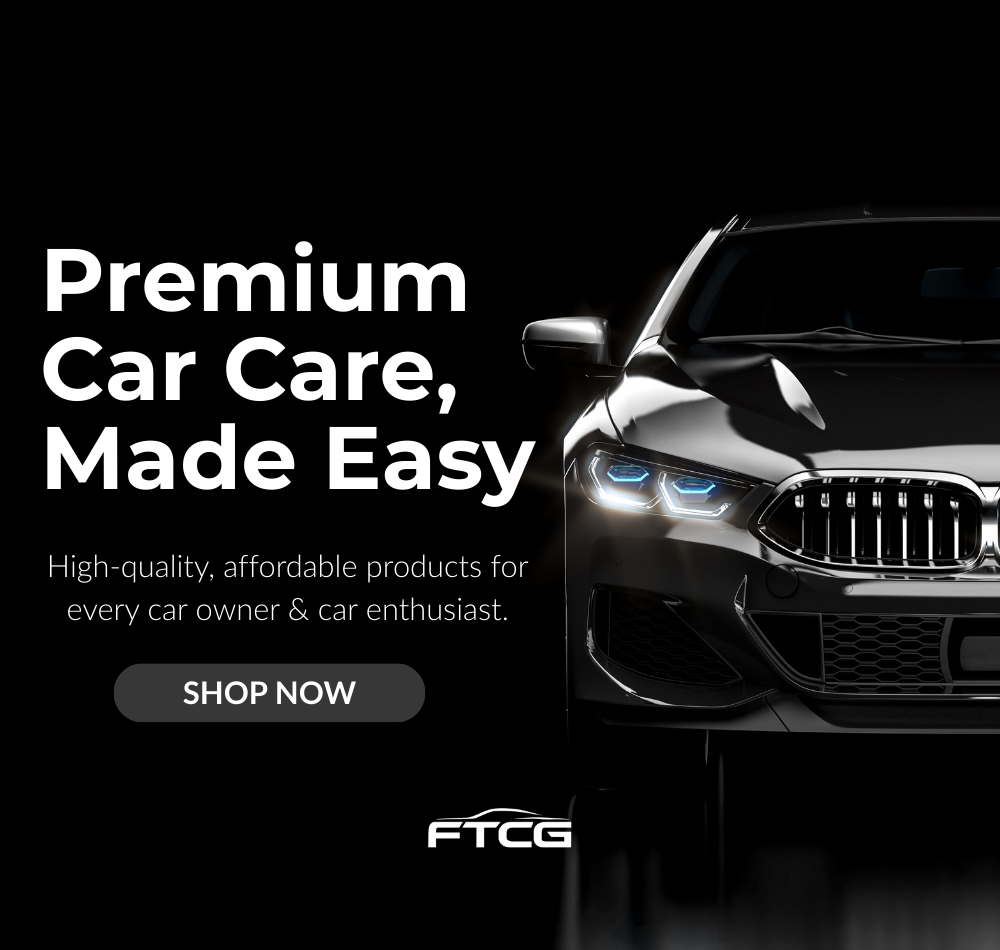 FTCG homepage banner - black background with car image promoting “Premium Car Care, Made Easy” high-quality affordable car care products for enthusiasts