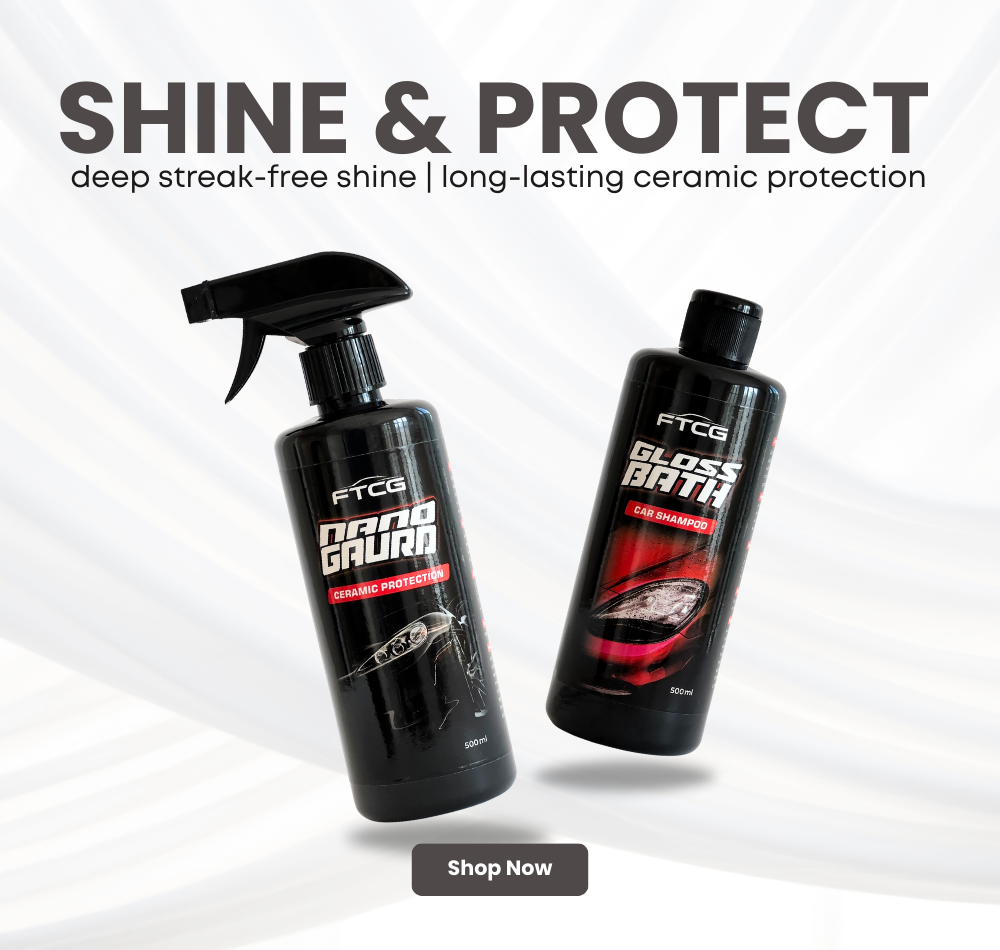 FTCG Shine and Protect banner - plain background showing Nano Guard and Gloss Bath with text “deep streak-free shine and long-lasting ceramic protection”
