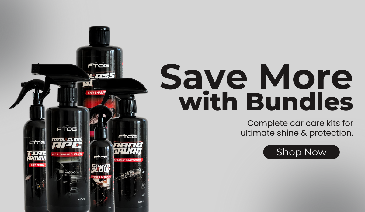 FTCG bundles banner - grey gradient background with car care products and text “Save more with bundles” promoting complete car care kits for shine and protection