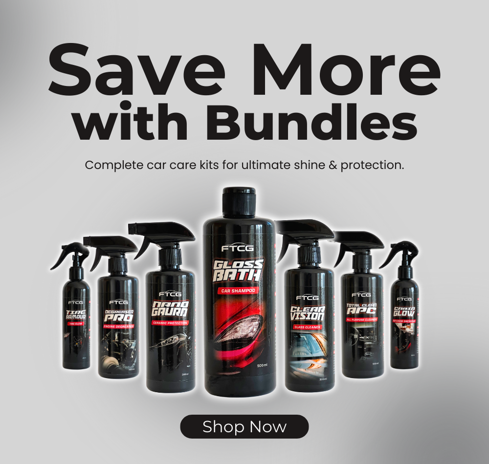 FTCG bundles banner - grey gradient background with car care products and text “Save more with bundles” promoting complete car care kits for shine and protection