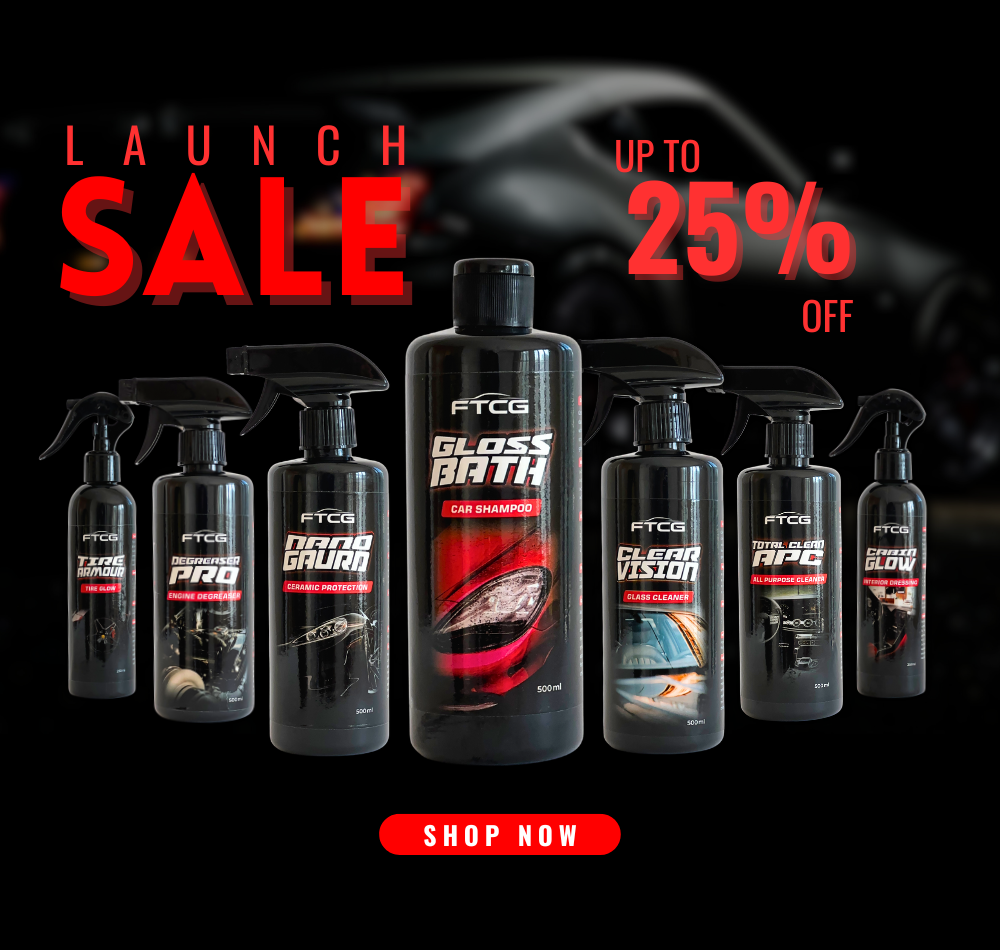 FTCG launch sale banner - black background with blurred car and all products displayed, text “Launch Sale up to 25% Off” promoting premium car care products